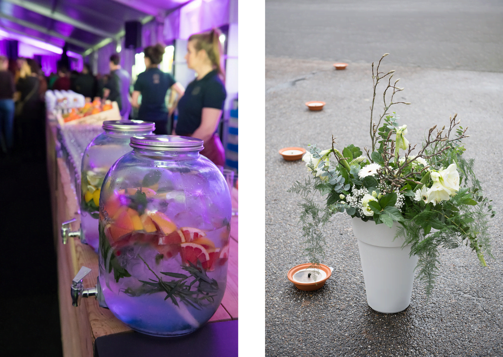 Links een foto van glazen watertaps met vers fruit en munt, rechts een boeket met kaarsen